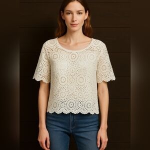 Solitaire White Crochet Lace Blouse Size S Boho Sheer Floral Festival Summer Top